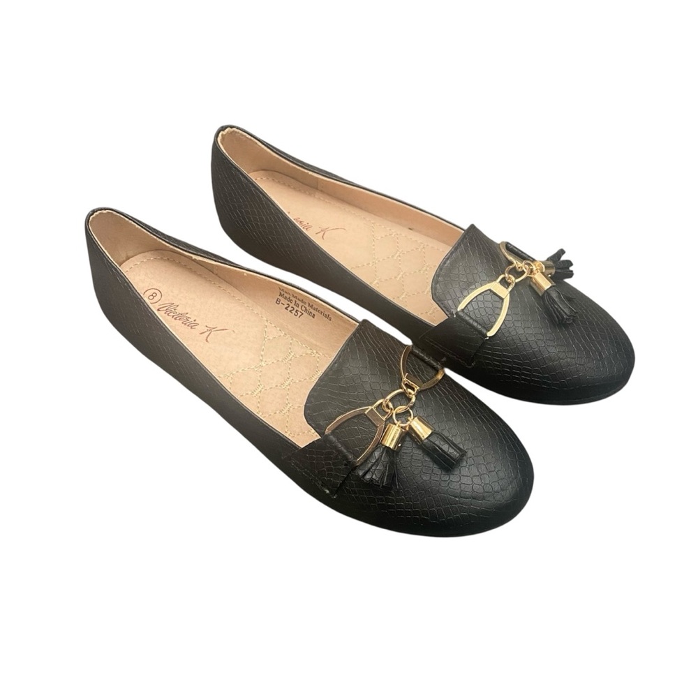 Victoria K Women's Ballet Office Career Black Flats Gold Tassel detail Sz 8 New